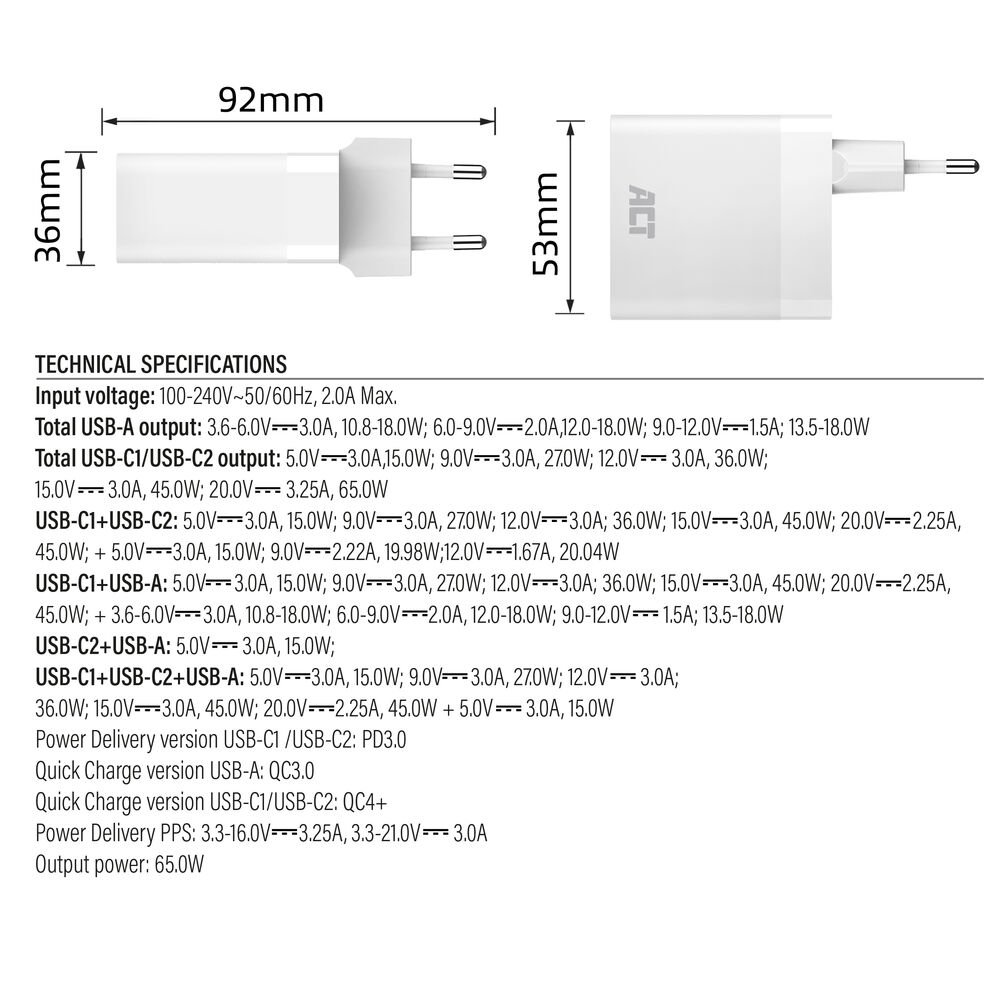 ACT AC2170 USB-C/USB-A Lader | 3-Poorts met PPS, QuickCharge & GaNFast | 65W - 4