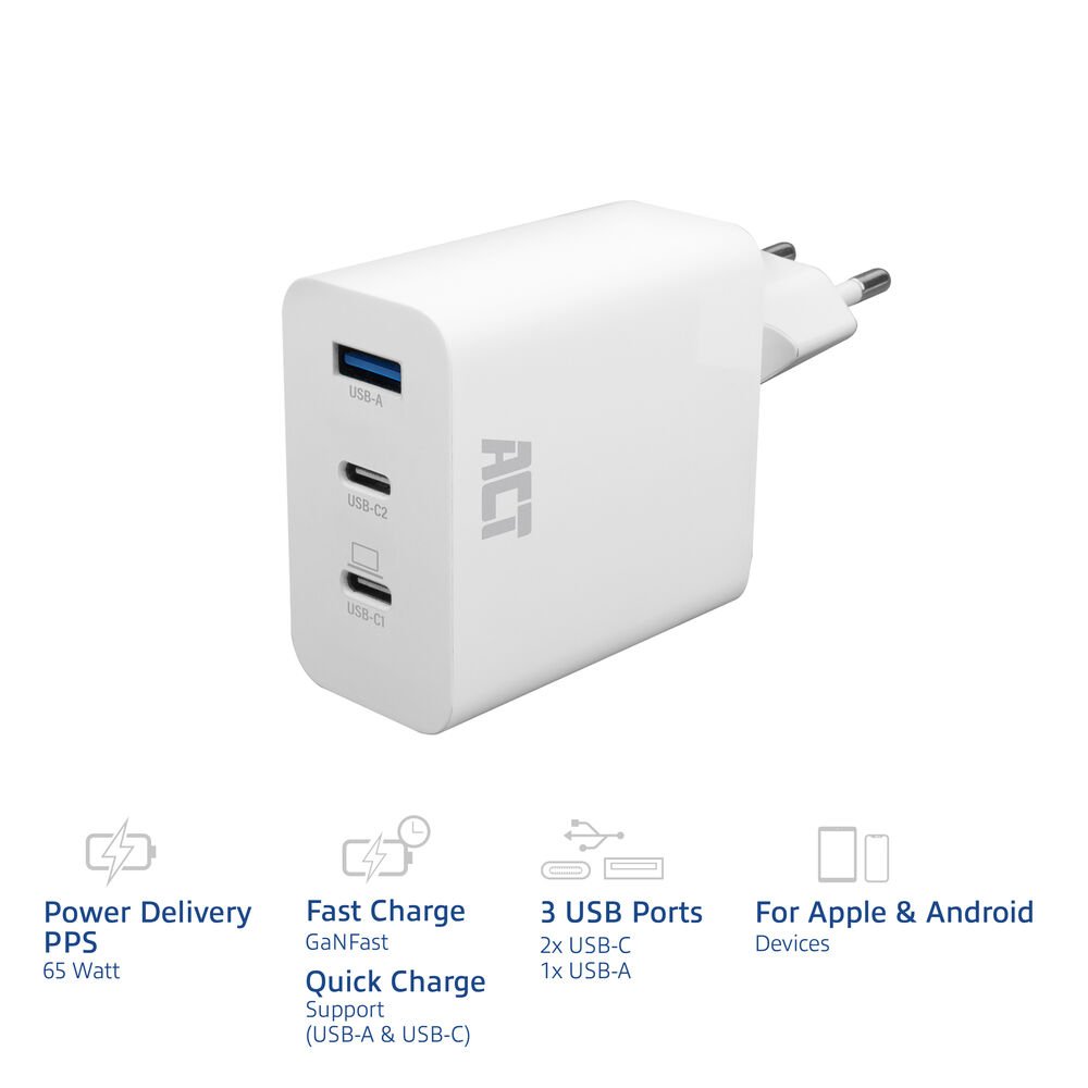 ACT AC2170 USB-C/USB-A Lader | 3-Poorts met PPS, QuickCharge & GaNFast | 65W - 5