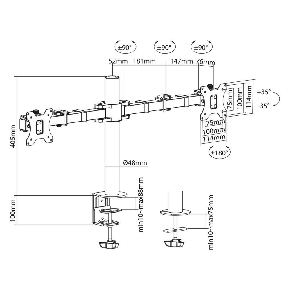 ACT AC8326 | Verstelbare Monitor-bureaubeugel | Tot 32" | Max 12kg | VESA 100x100 | 2 Monitoren - 3