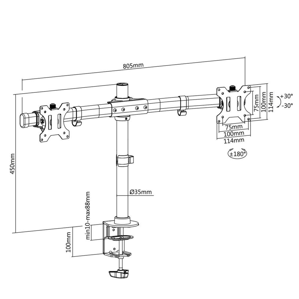 ACT AC8315 | In Hoogte Verstelbare Monitor-bureaubeugel | Tot 27" | Max 7kg | VESA 100x100 | 2 Monitoren - 4
