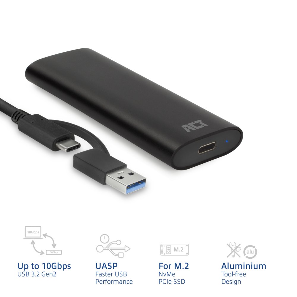 ACT AC1615 | USB-C M.2 NVMe/PCIe SSD Behuizing | Tool-Free | Aluminium | USB 3.2 Gen2 (10 Gbps) - 2