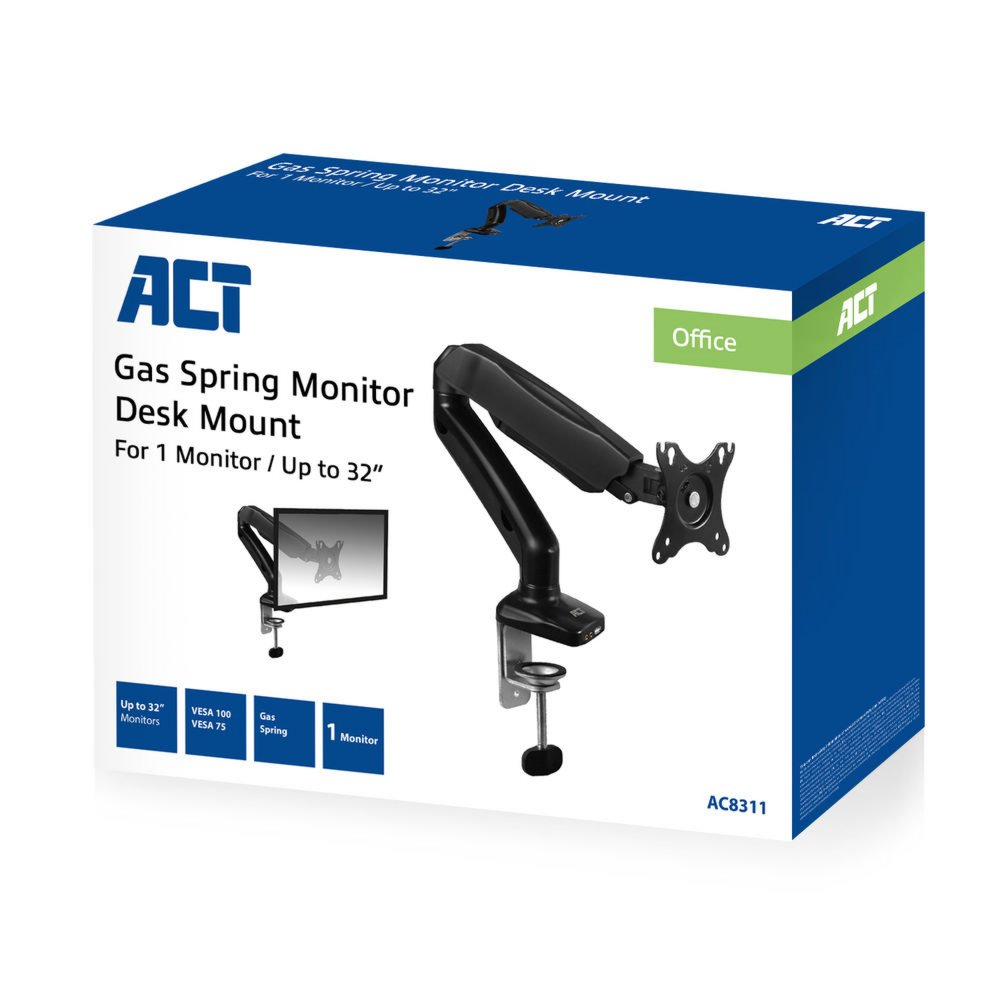 ACT AC8311 | Verstelbare Monitor-bureaubeugel | Tot 32" | Max 9kg | VESA 100x100 | 1 Monitor - 1
