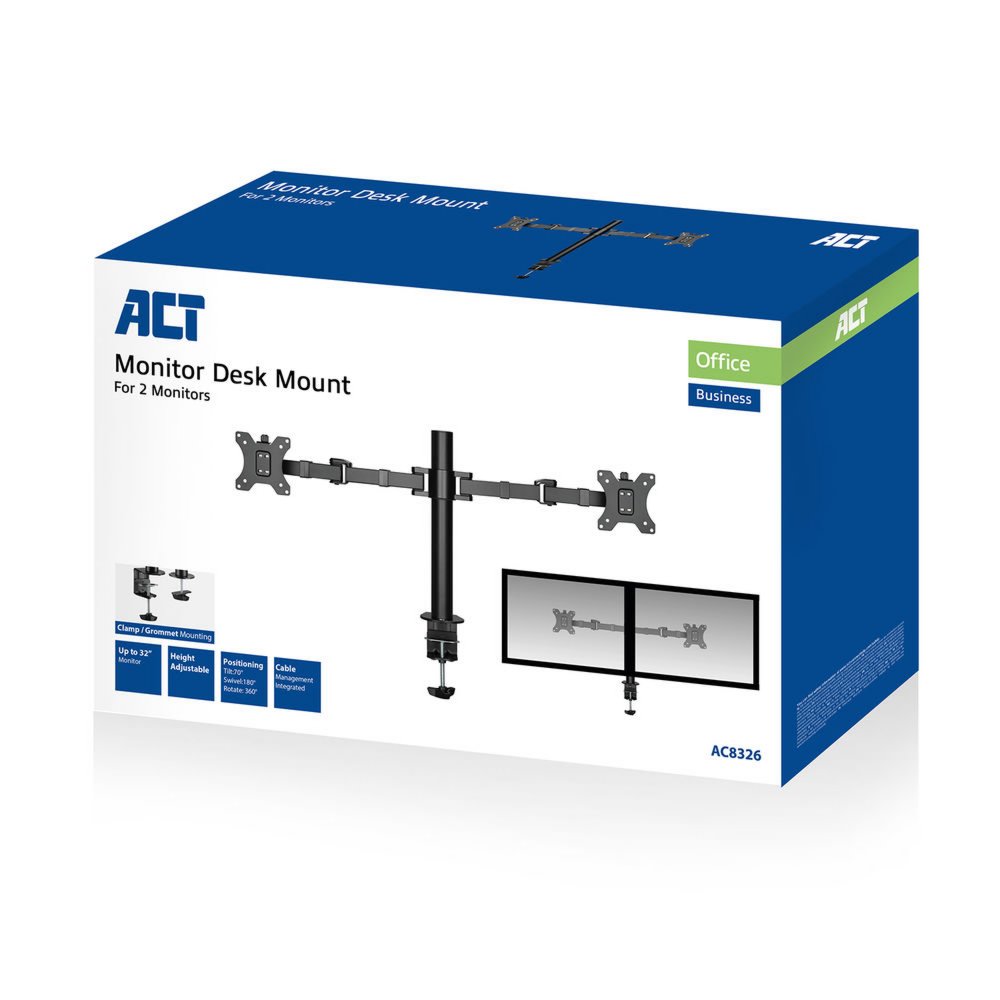 ACT AC8326 | Verstelbare Monitor-bureaubeugel | Tot 32" | Max 12kg | VESA 100x100 | 2 Monitoren - 4