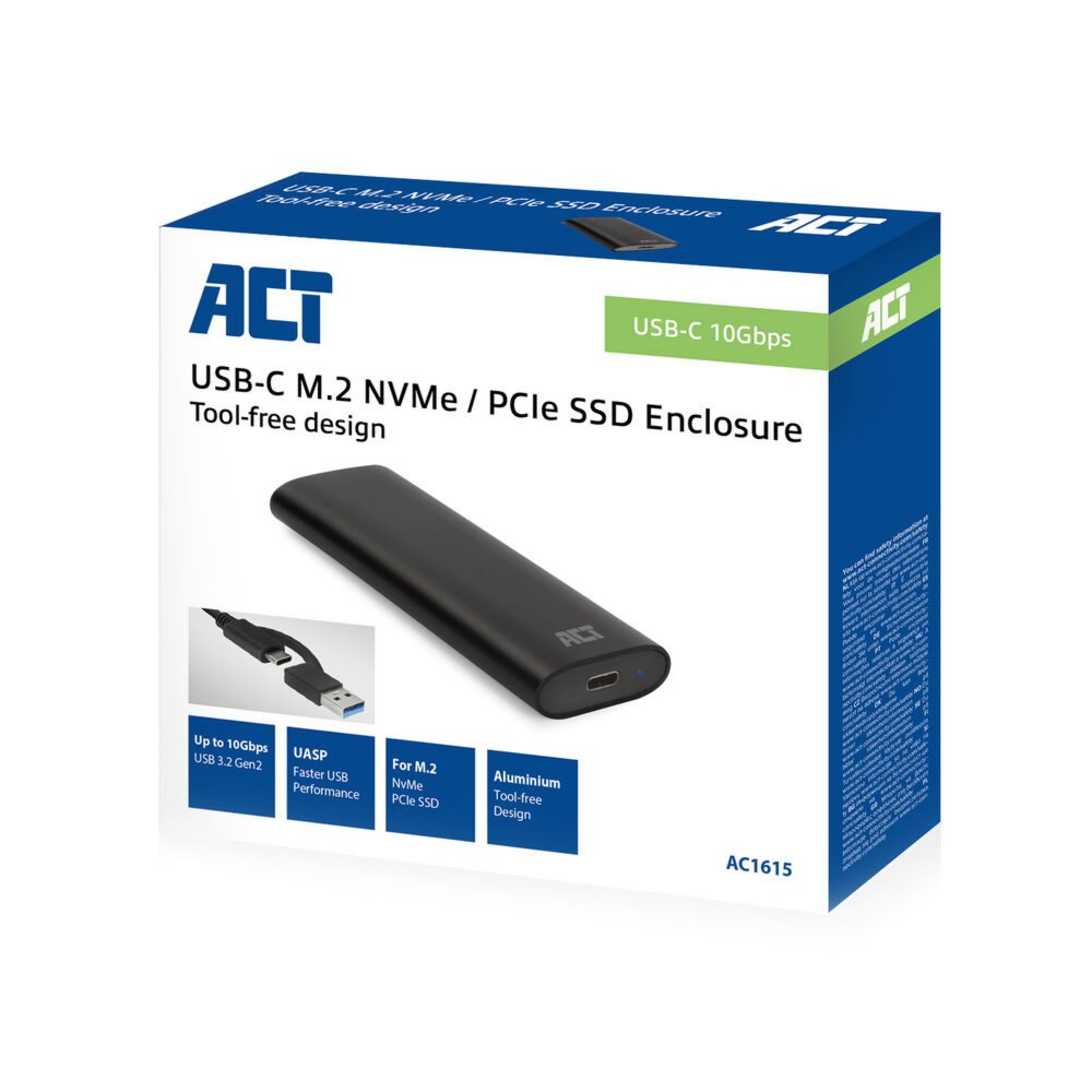 ACT AC1615 | USB-C M.2 NVMe/PCIe SSD Behuizing | Tool-Free | Aluminium | USB 3.2 Gen2 (10 Gbps) - 9