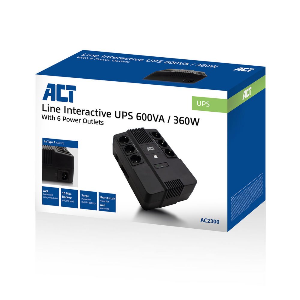 ACT AC2300 Line-Interactive UPS | 600 VA | 6 Stopcontacten (3 op Accu) | AVR Spanningstabilisatie | Netspanningsbeveiliging - 2